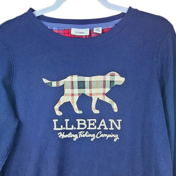 L.L. Bean Women's Royal Blue Long Sleeve Thermal Tee with Plaid Labrador Dog - Picture 4 of 10